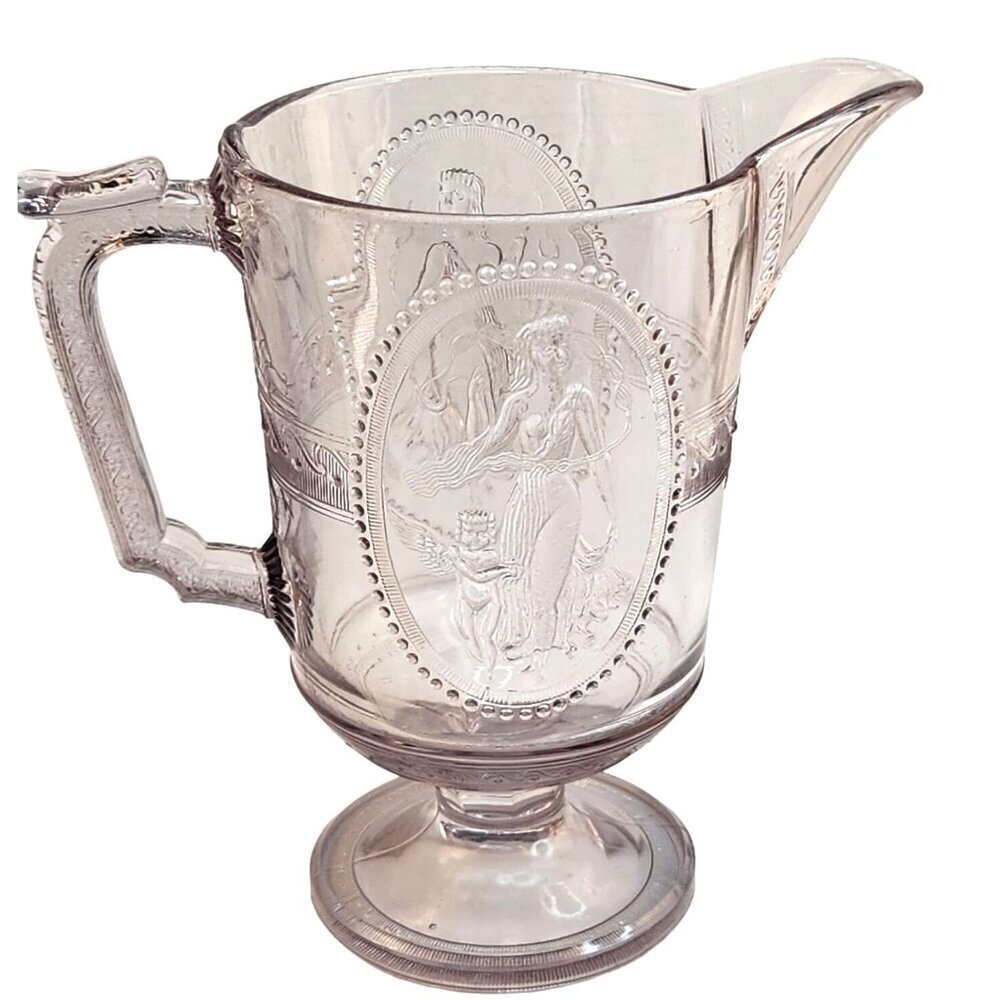 Antique Clear Glass Pitcher Victorian Style Greek Mythology Embossed